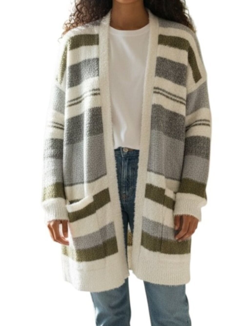 Pink Clover Color Blocked SOFT Striped Cardigan~Size Small~Grey/Olive NWT~L11 17